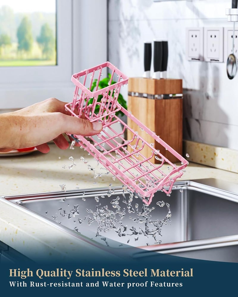 Consumest Sponge Holder for Kitchen Sink - Kitchen Sink Caddy Organizer with Removable Drip Tray for Countertop Dish Soap Dispenser Brush Storage Accessories 304 Stainless Steel, Pink - Image 5